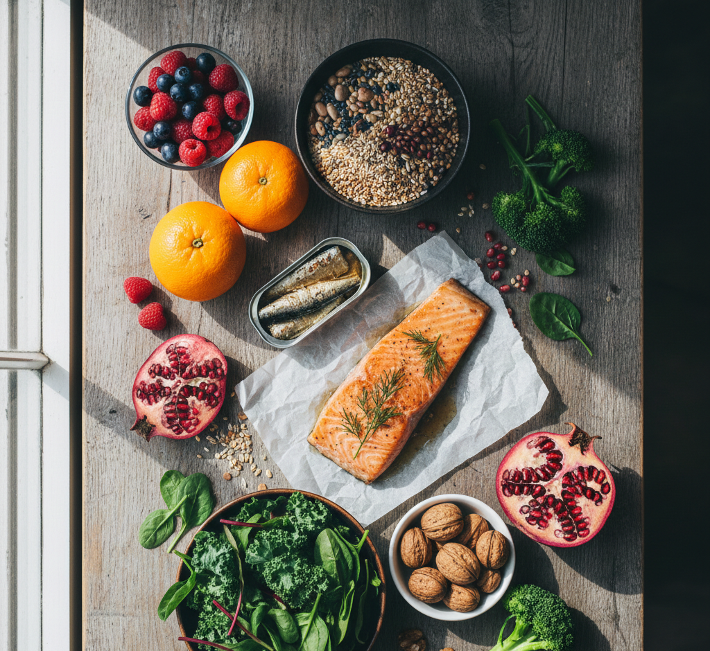 Healthy food benefits for seniors featuring salmon, walnuts, and leafy greens for heart health and energy