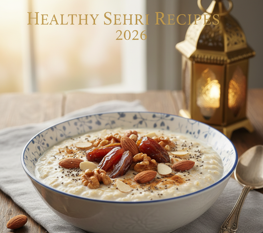 Healthy Sehri Recipes 2026 creamy oats with milk, almonds, walnuts, and sliced dates in a bright bowl