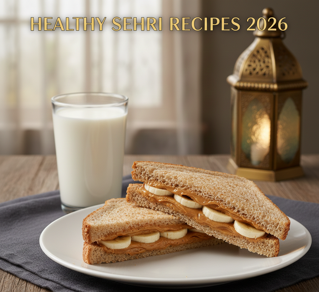 Healthy Sehri Recipes 2026 peanut butter banana sandwich on whole wheat bread with glass of milk