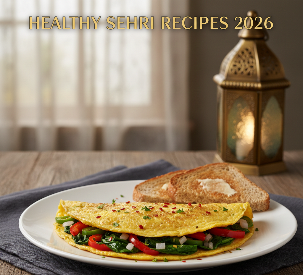Healthy Sehri Recipes 2026 vegetable omelette with spinach, capsicum, and onion served with whole wheat bread