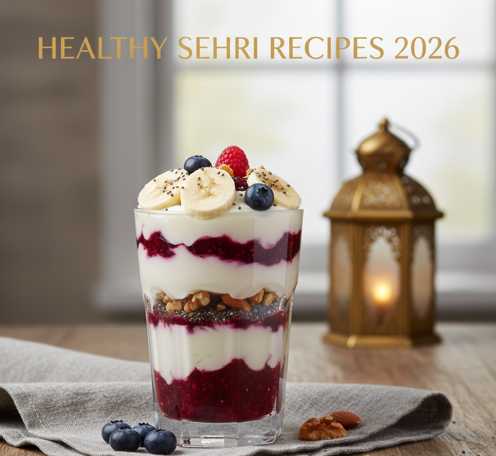 Healthy Sehri Recipes 2026 layered yogurt parfait with banana slices, berries, chia seeds, and crushed nuts