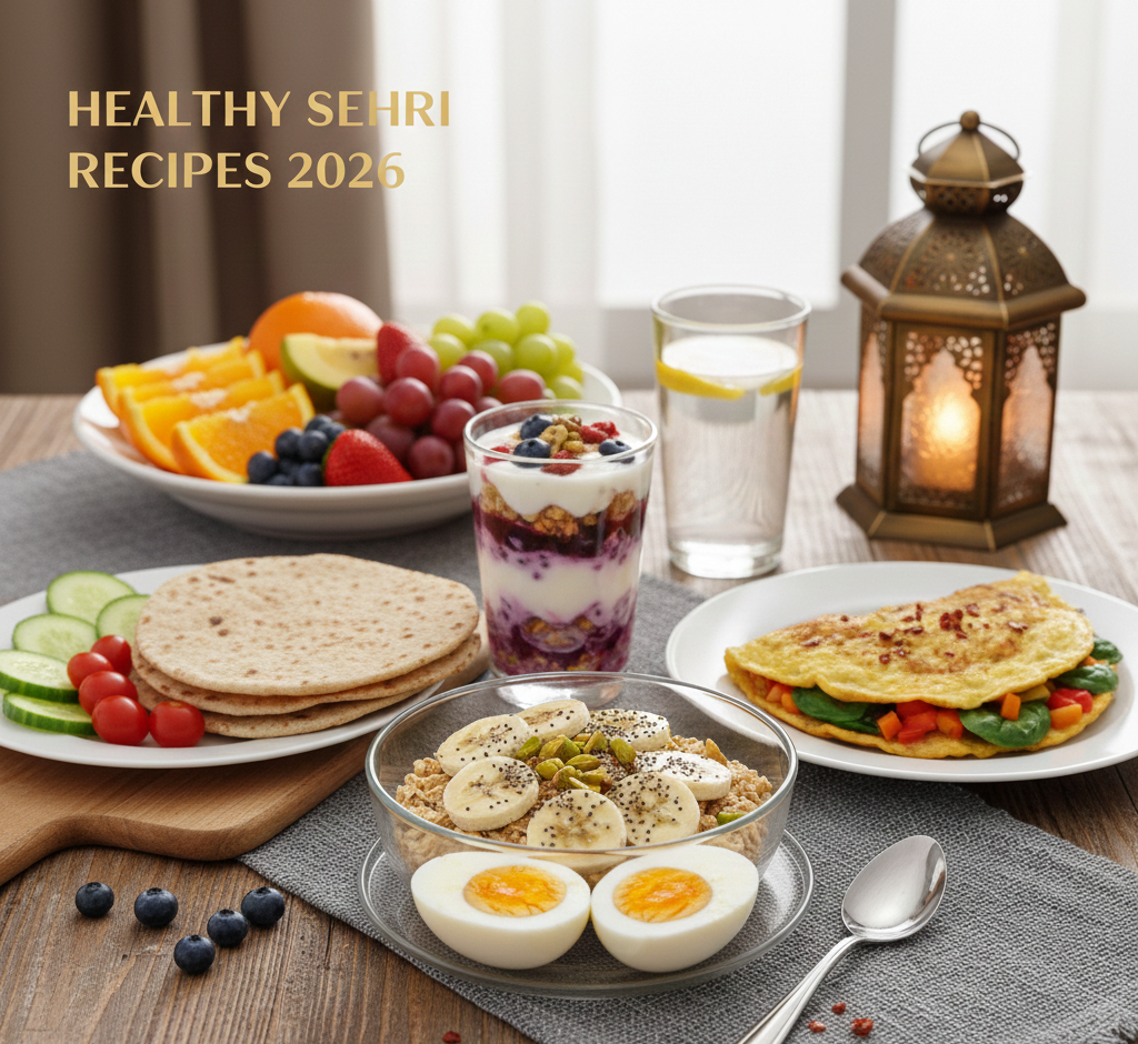Healthy Sehri Recipes 2026 morning table with eggs, oats, yogurt parfait, vegetable omelette, peanut butter banana sandwich, fresh fruits, and water glass
