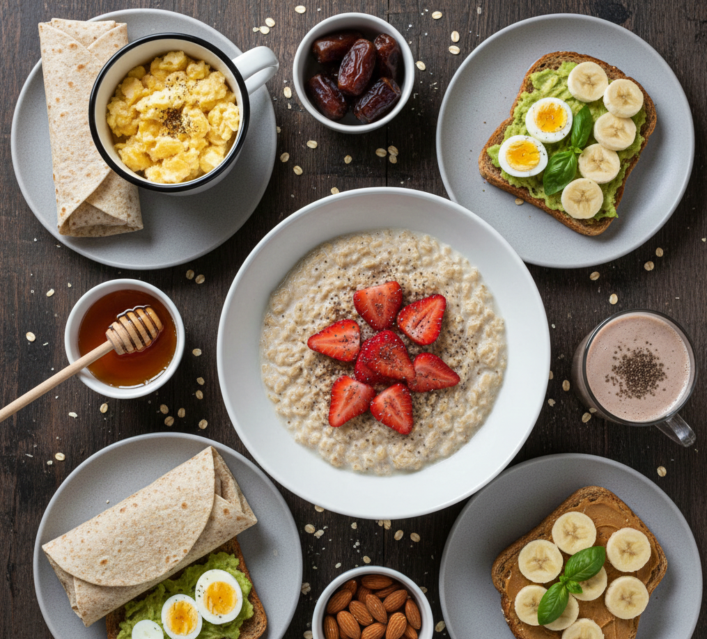A variety of healthy 5-minute Sehri recipes displayed on a wooden table, including strawberry oatmeal, avocado toast with boiled eggs, peanut butter banana toast, scrambled eggs in a mug, dates, and a protein smoothie for Ramadan.